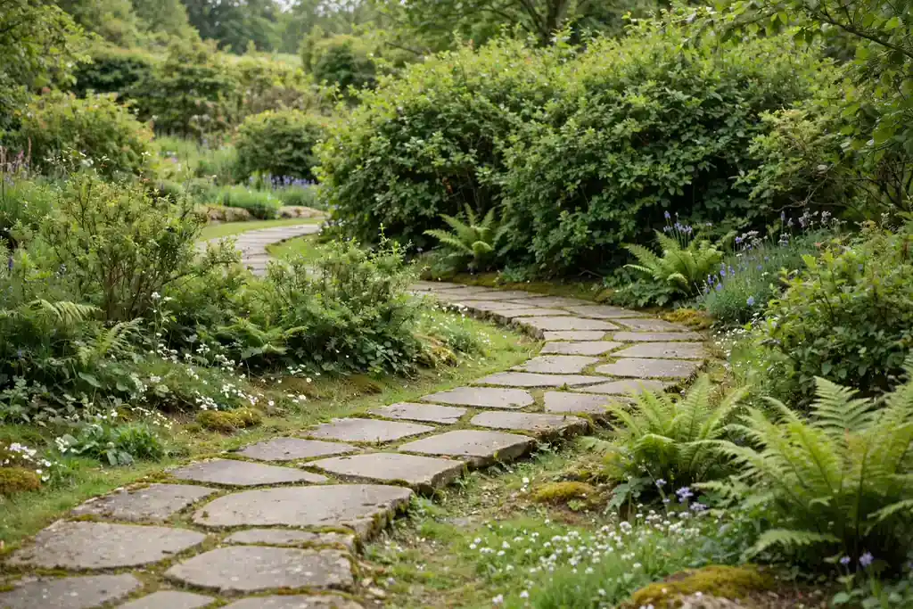 Curving stepping stone path disappearing behind shrubs.