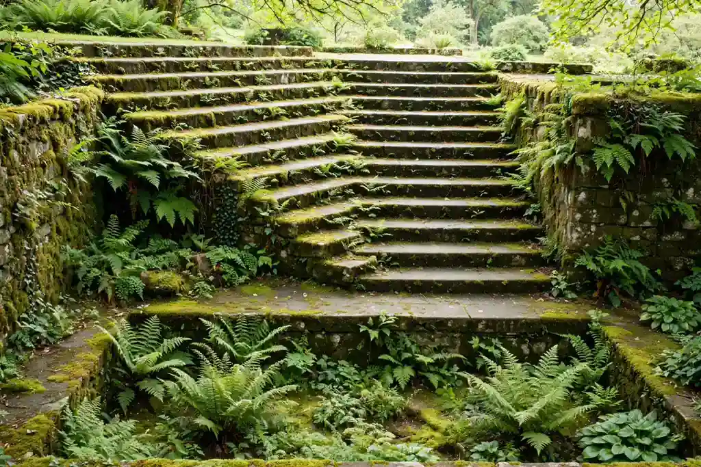 Wide mossy stone steps down to a lower garden terrace.