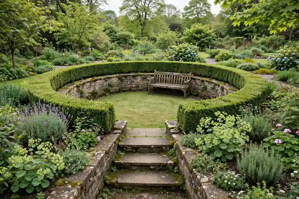 Sunken round lawn nook ringed with low hedging and a bench.