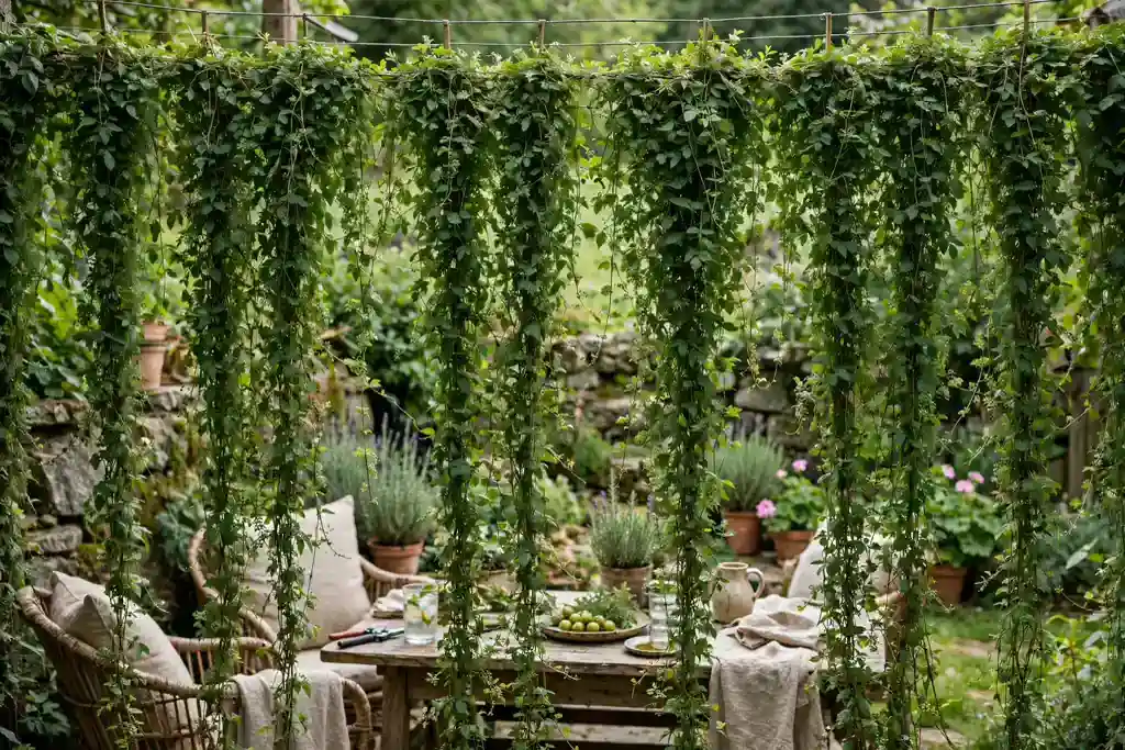 Seating area behind a green curtain of climbing vines on wires.