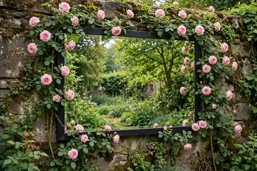 Weatherproof mirror on a garden wall framed with climbing roses.