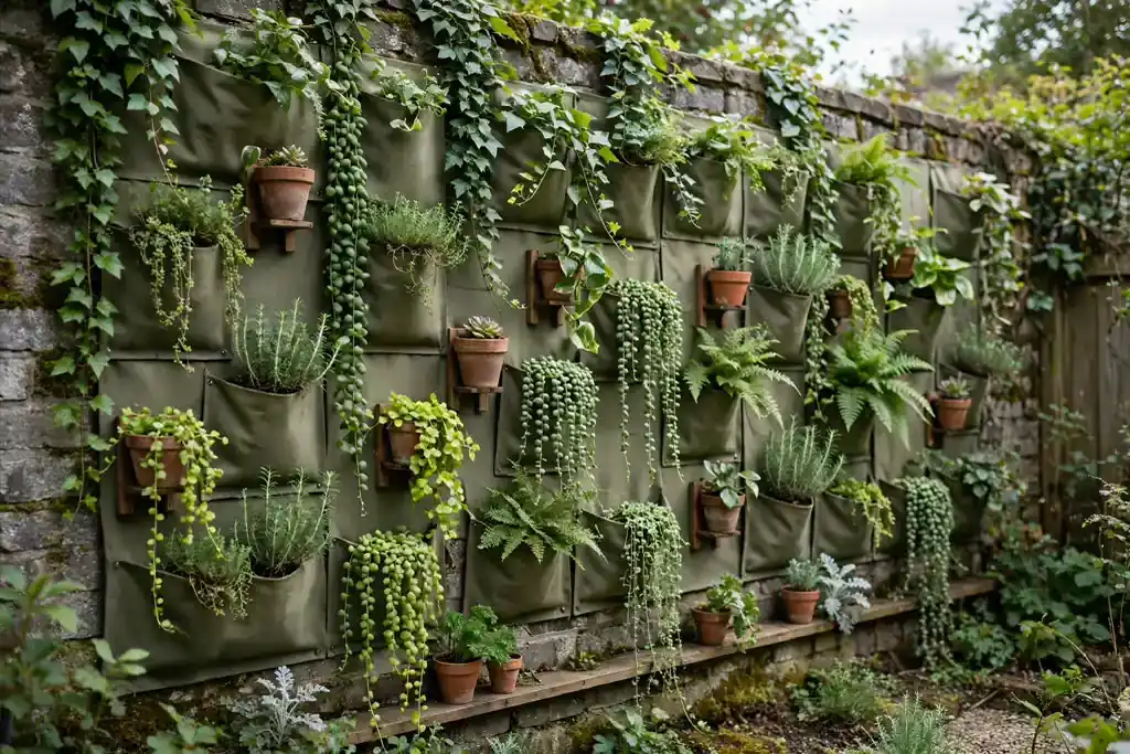 Back garden wall covered with planting pockets and trailing plants.