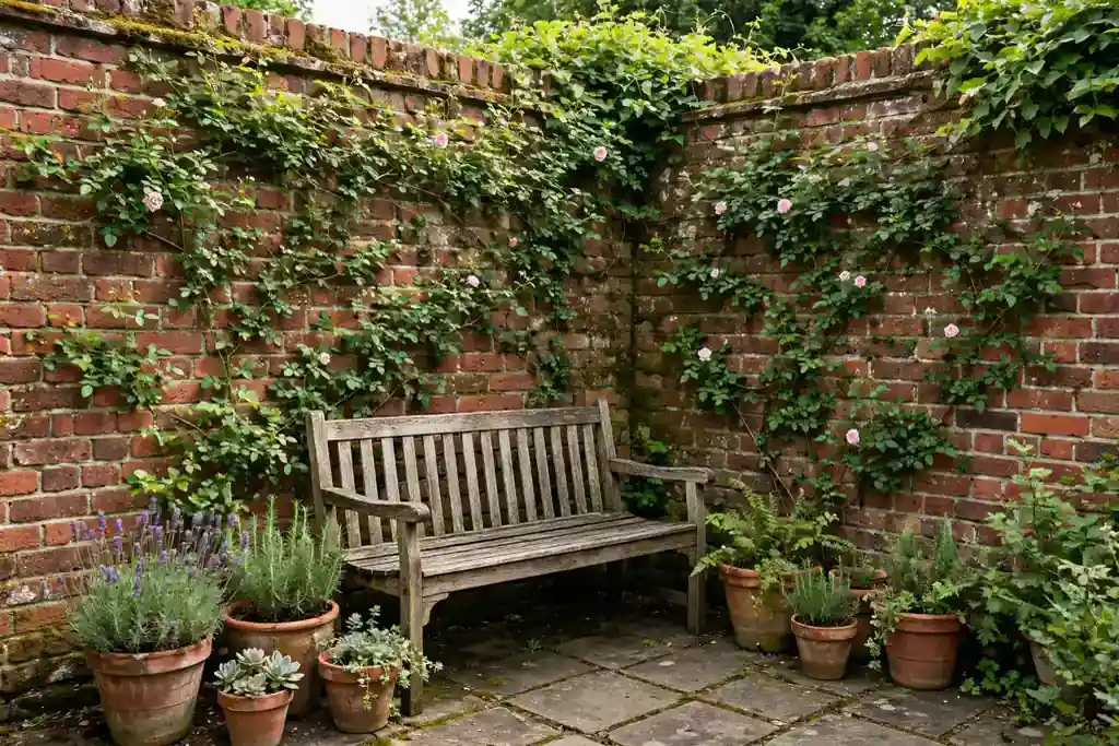Wooden bench in a walled garden corner with pots and climbing plants.