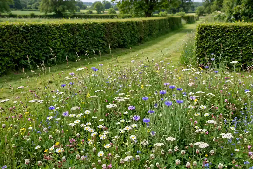 Wildflower meadow patch with a mown path behind a hedge.