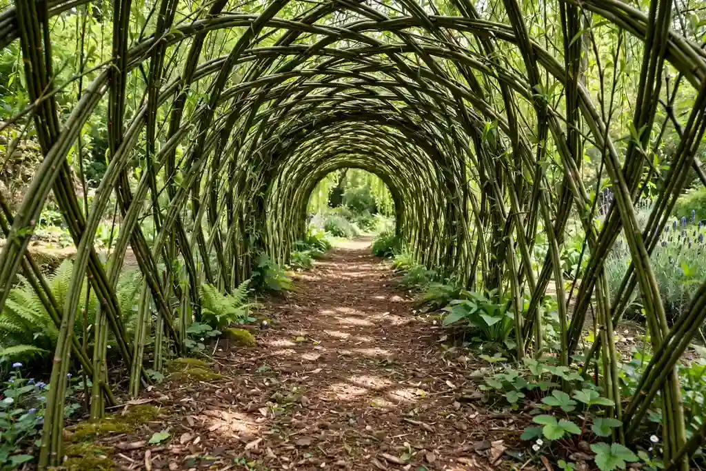 Living willow tunnel with woven green rods over a bark path.