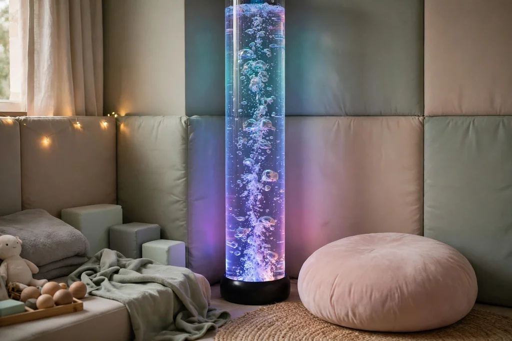 Tall glowing bubble tube with rising bubbles in the corner of a calm sensory room.