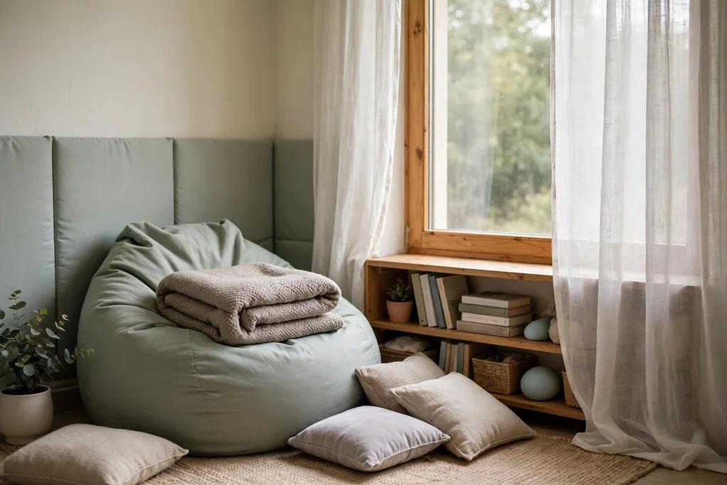 Quiet calm corner nook with a beanbag, a weighted blanket, and a low bookshelf.