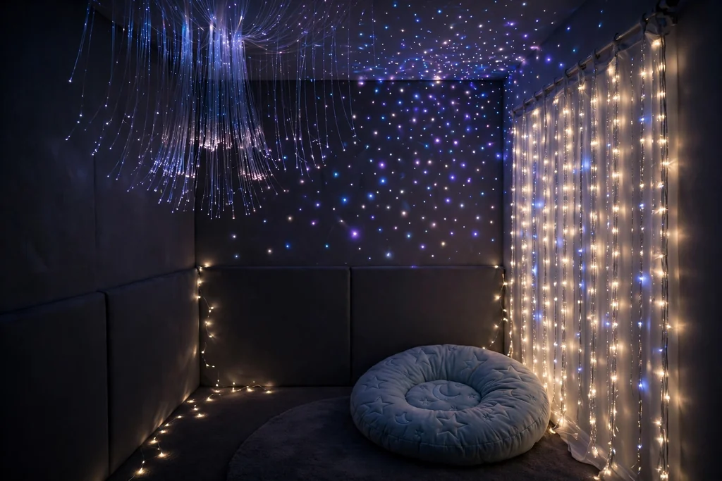 Darkened sensory room corner with fiber optic star lights glowing on the ceiling.