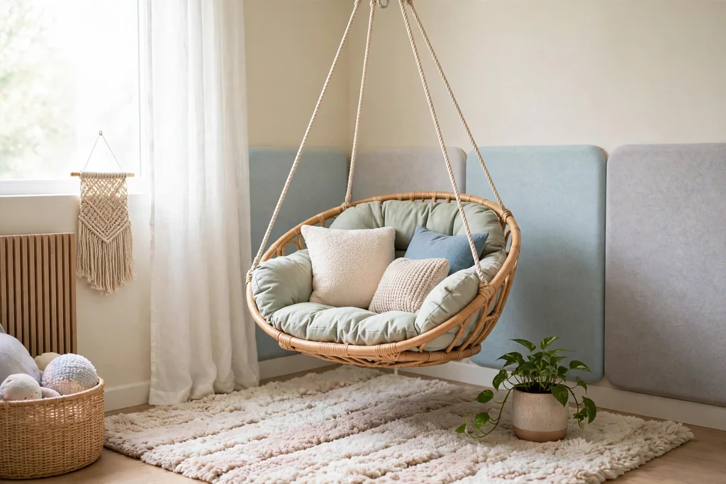 Indoor hanging hammock swing chair with soft cushions and a thick rug underneath.