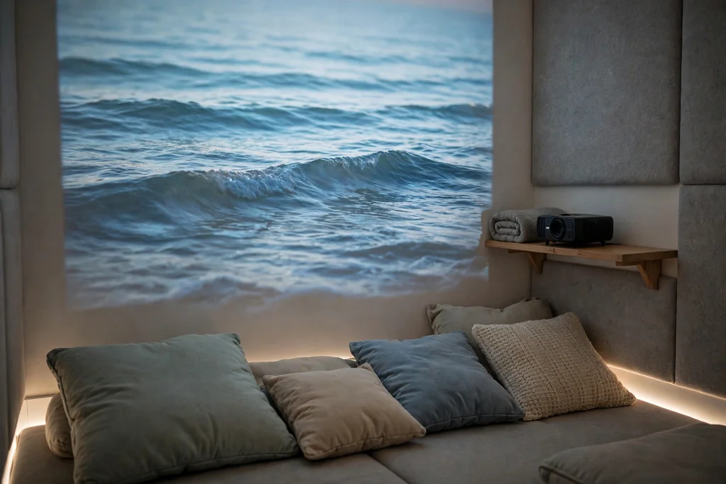 Calm sensory room wall showing a slow-moving projected image of ocean waves.