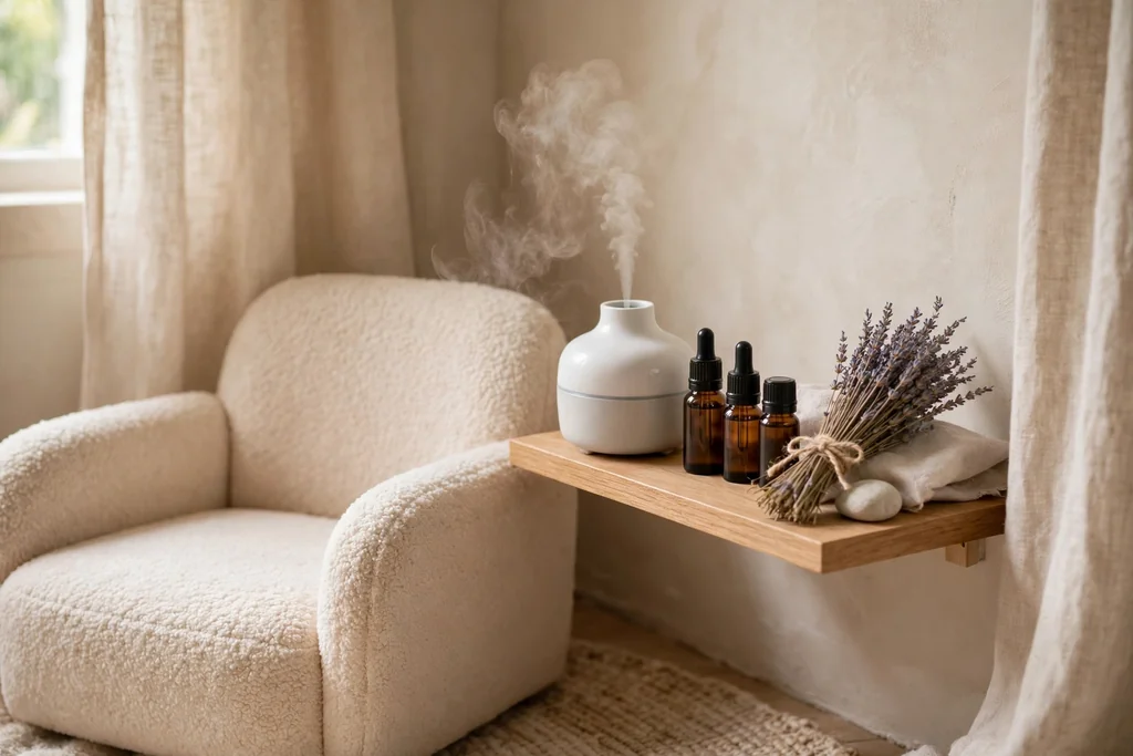Small scent station shelf with an aroma diffuser giving off gentle mist.
