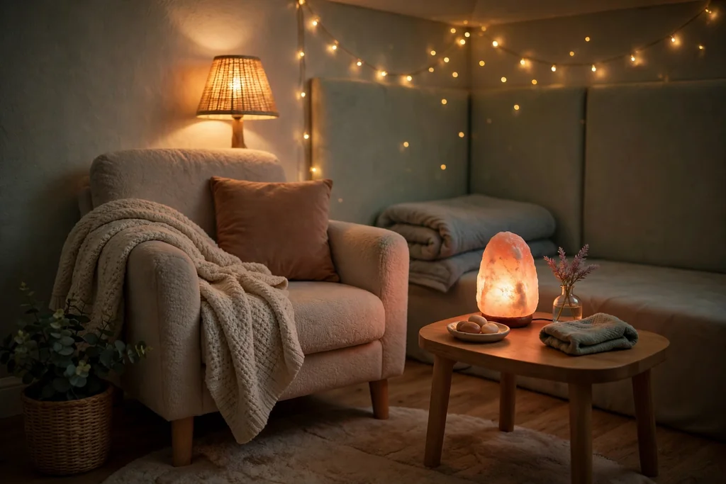 Sensory room corner lit by soft warm lamps and string lights beside a cushioned chair.