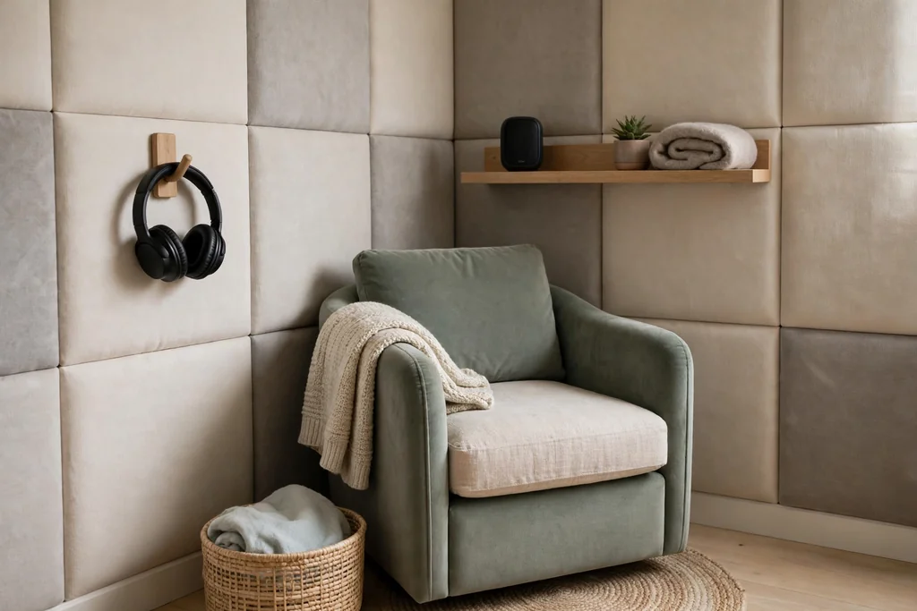 Small sound zone with a comfortable chair, headphones on a hook, and a small speaker.
