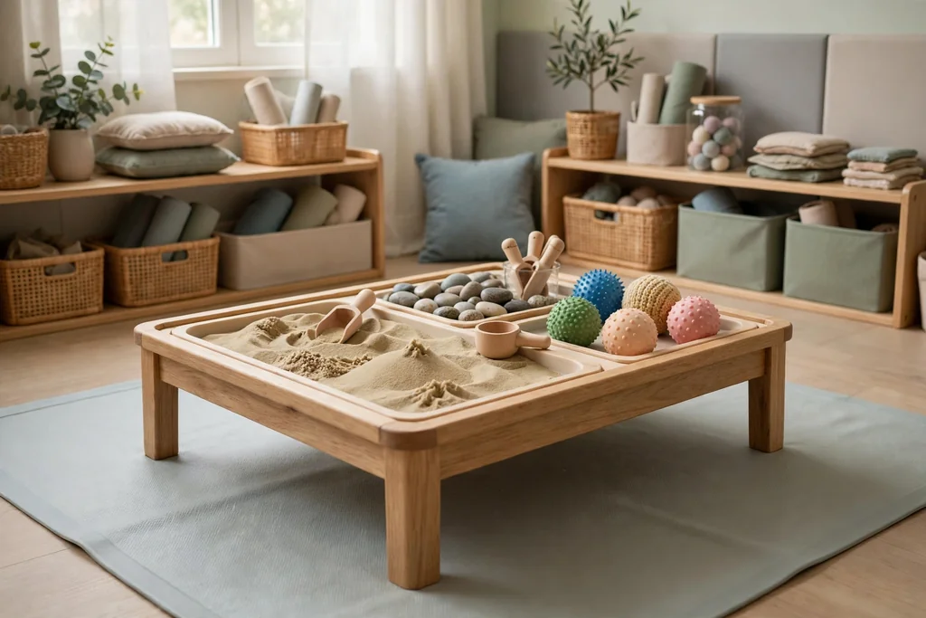 Low tactile play table with trays of kinetic sand, smooth stones, and textured balls.