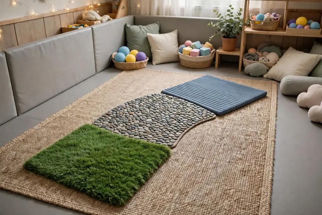Indoor sensory stepping path of flat mats with different textures arranged in a curve.