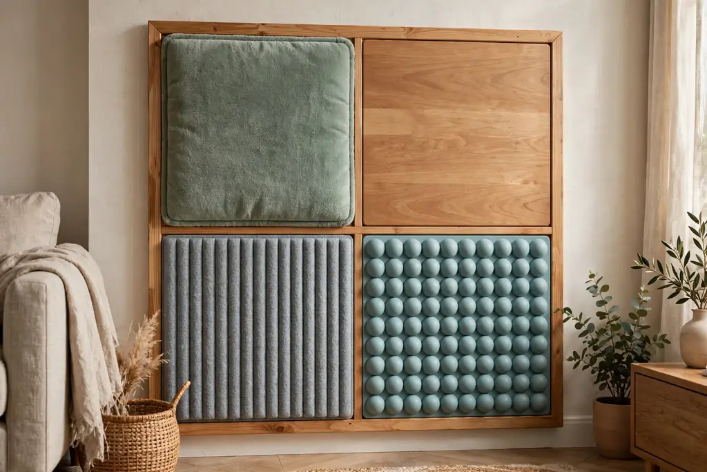 Tactile sensory wall panel with fabric, wood, felt, and bumpy tile sections at hand height.