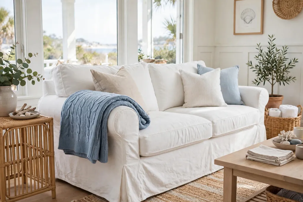 Soft blue knit throw folded over the arm of a white slipcovered sofa.
