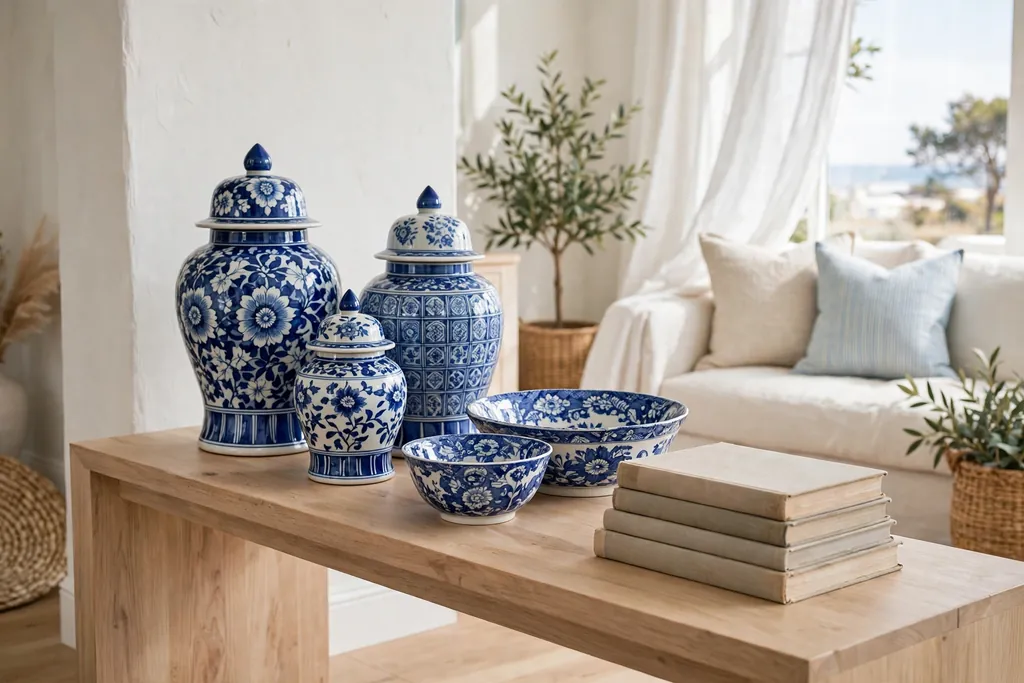 Blue and white ceramic jars and bowls grouped on a light wood console with books.