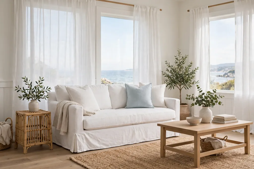 Bright coastal living room refreshed with a white slipcover, sheer curtains, and a jute rug, showing the low-cost base layers.