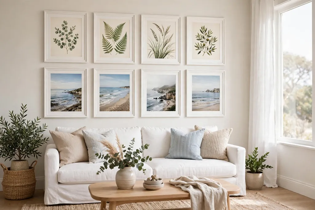 Coastal gallery wall with framed shoreline and botanical prints in white frames above a sofa.
