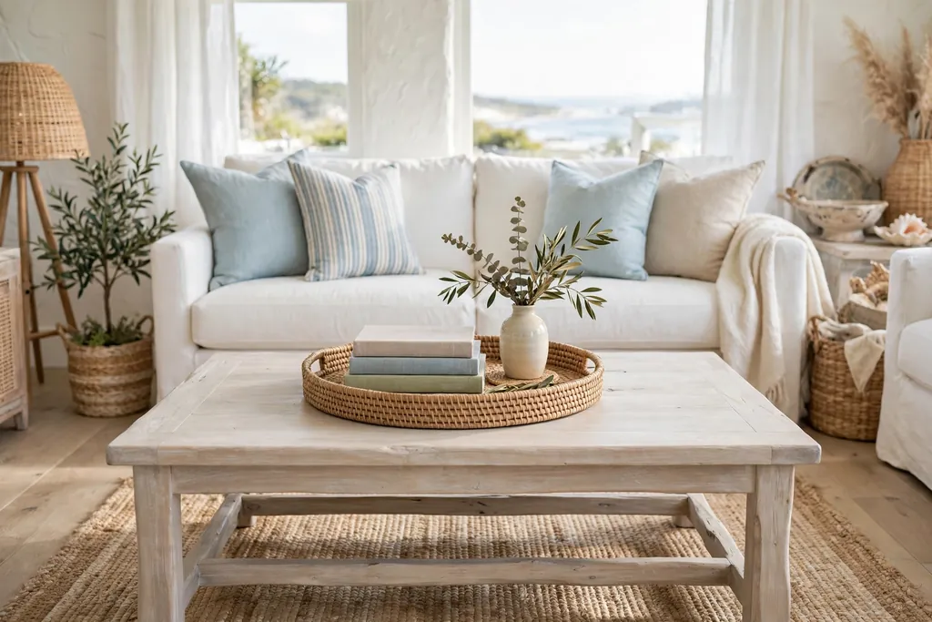 Driftwood finish coffee table with a woven tray, books, and a small vase in a coastal living room.