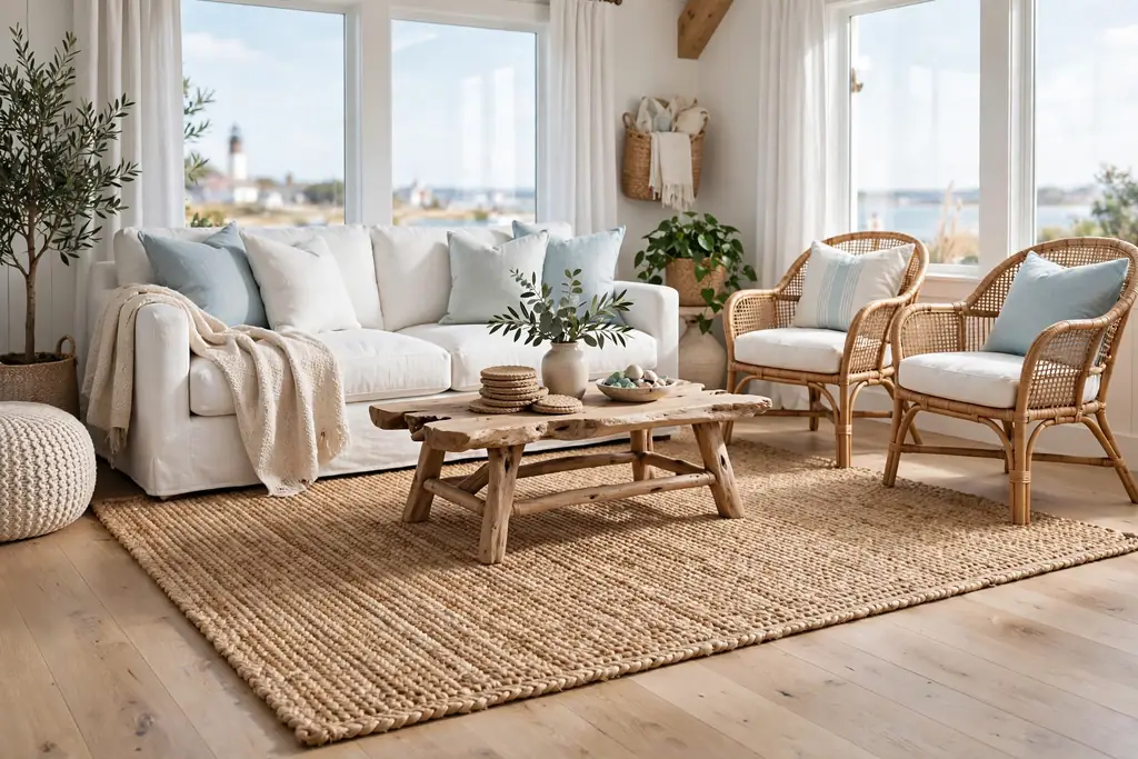 Natural jute rug under a sofa and chairs in a bright coastal living room.