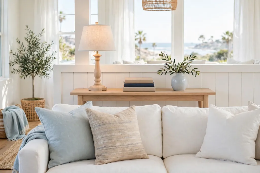 Light wood console behind a sofa styled with a lamp, stacked books, and a small vase.