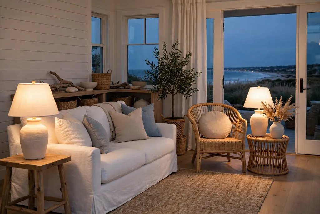 Living room in the evening lit by table lamps with linen shades and warm light.