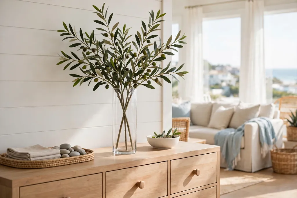 Tall glass vase with olive branches on a console in a bright coastal living room.