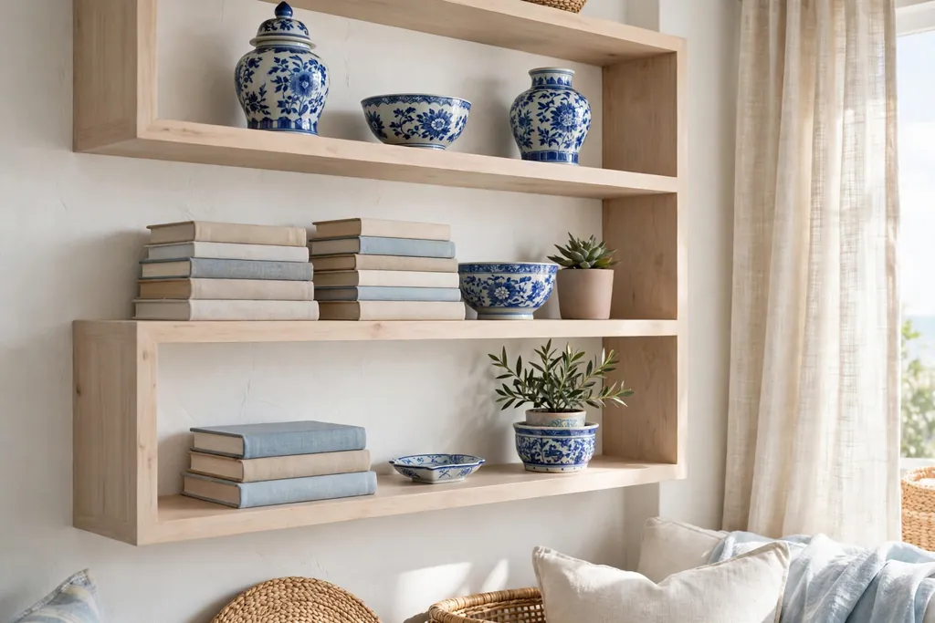 Open pale wood shelves holding blue and white ceramics, books, and a small plant.