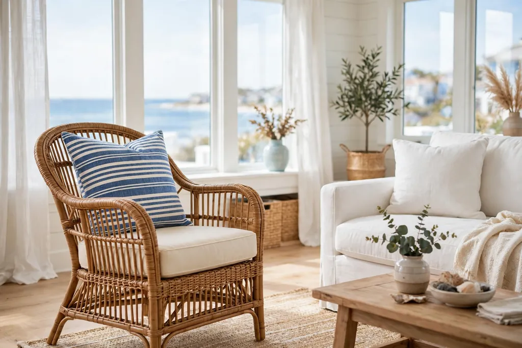 Rattan armchair with a cream cushion and striped pillow beside a white sofa.