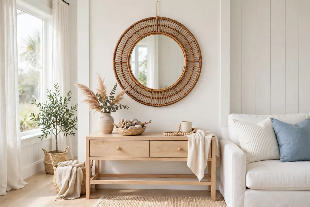 Round rattan mirror hanging above a light wood console in a coastal living room.