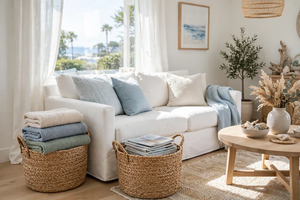 Seagrass baskets beside a sofa holding folded throws and magazines.