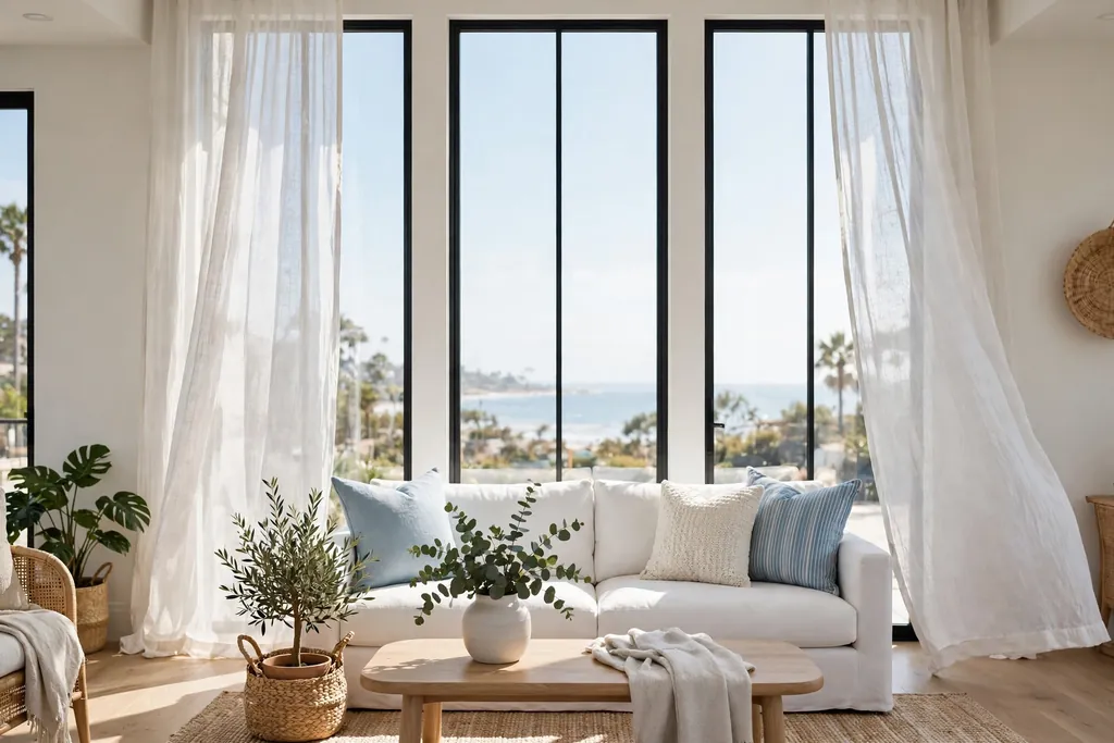 Tall living room windows with sheer white linen curtains and daylight.