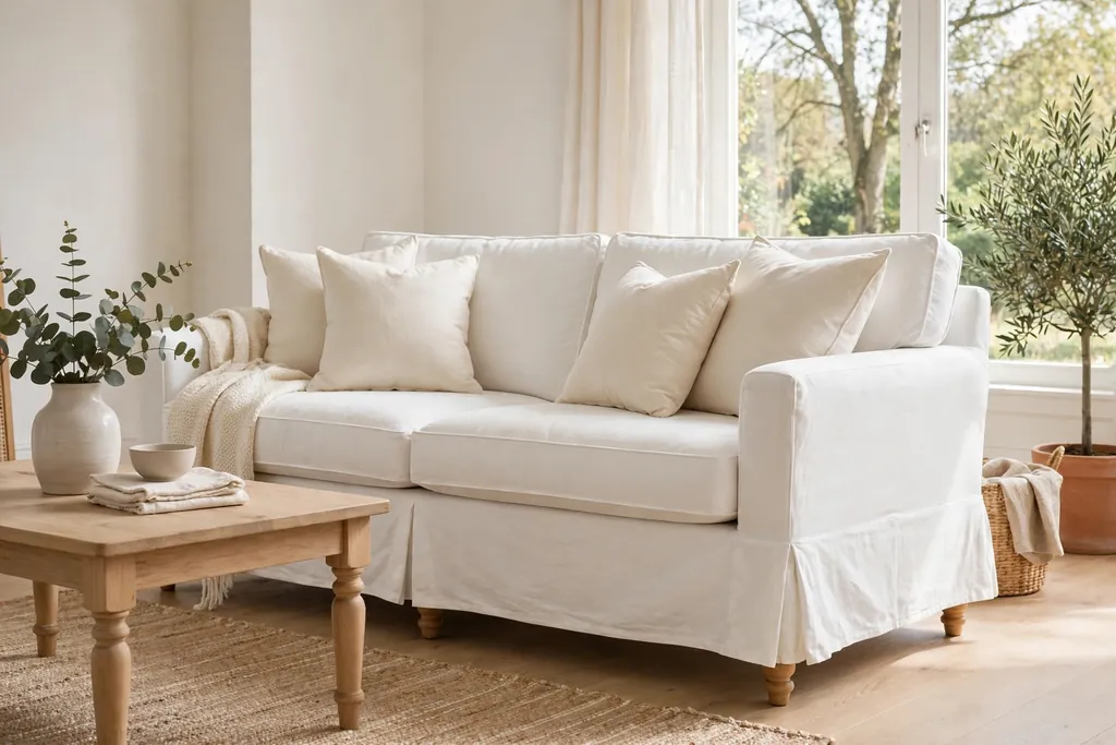 Living room with a white slipcovered sofa in washable cotton, wood legs, and soft cream pillows.