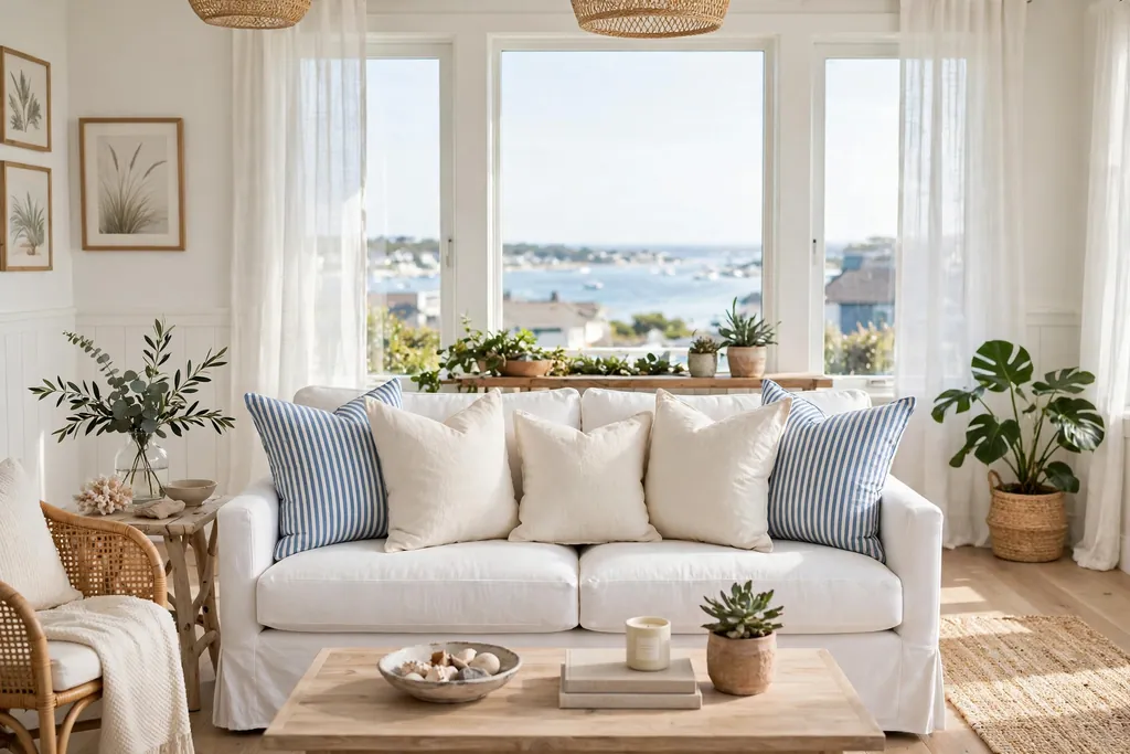 Sofa with blue and white striped pillow covers mixed with plain cream linen pillows.