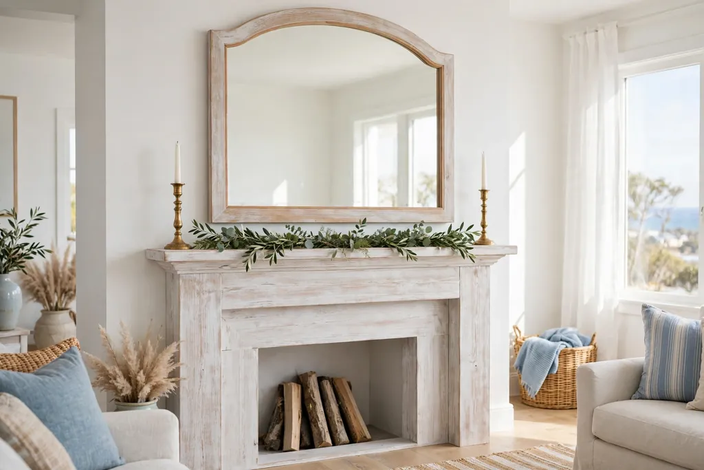 Whitewashed mantel styled with a mirror above, candlesticks, and a low row of greenery.