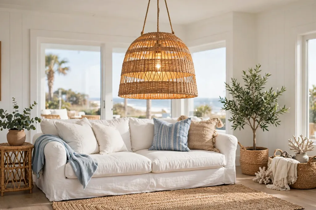 Woven rattan pendant light hanging over a coastal seating area with a white sofa.
