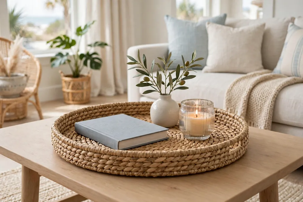 Woven seagrass tray on a coffee table holding a book, a small vase, and a candle holder.