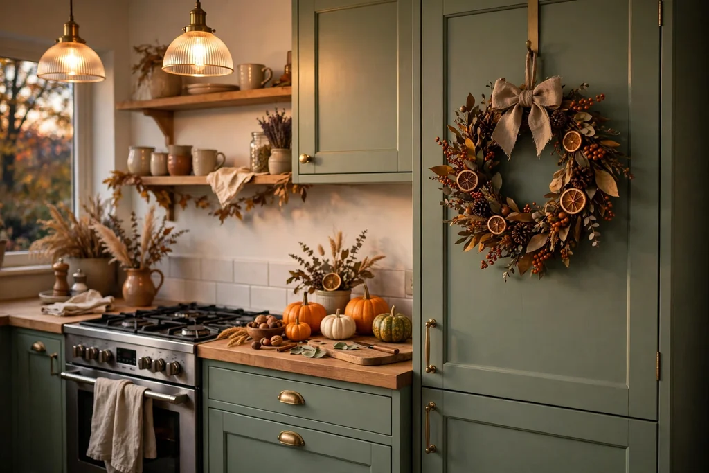 Sage green kitchen styled for autumn, with small pumpkins on the counter, a linen towel on the oven handle, and a wreath on a cabinet door.