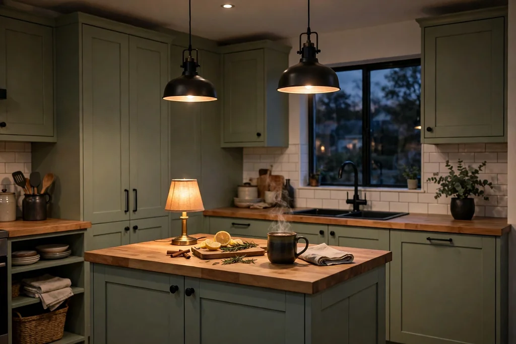Sage green kitchen in the evening with matte black hardware, black pendant lights, warm lamps, and a mug on the counter.
