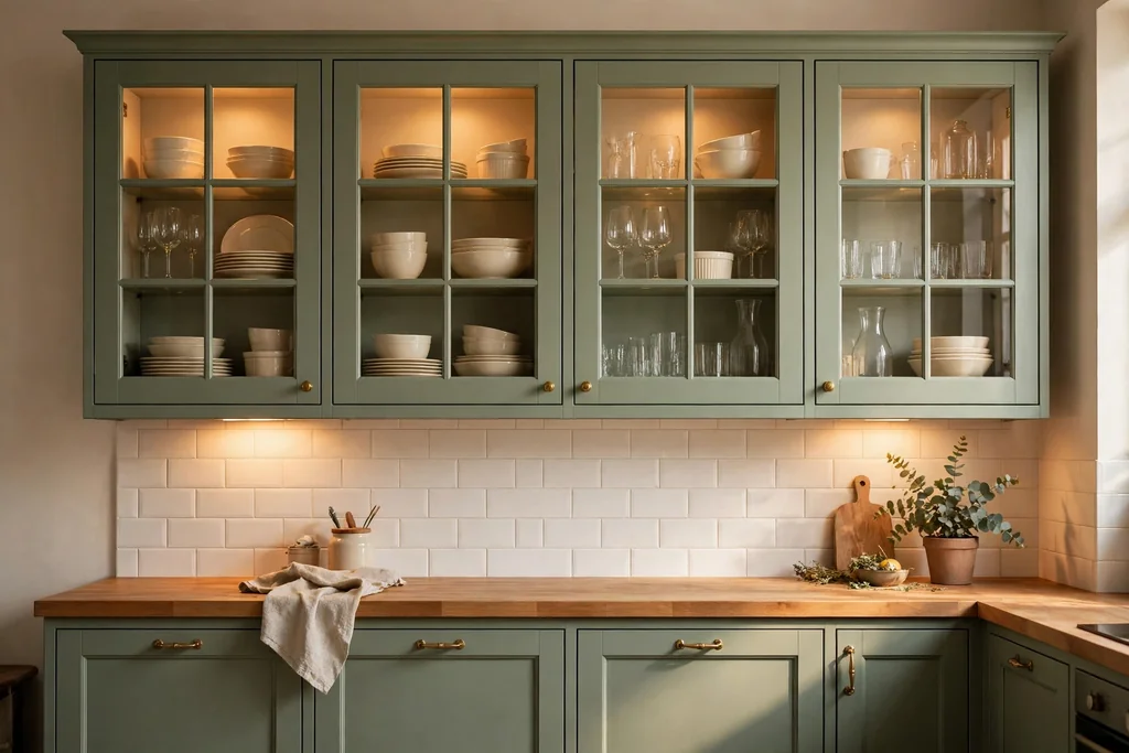 Sage green glass-front upper kitchen cabinets showing cream dishes and glassware above sage lower cabinets.