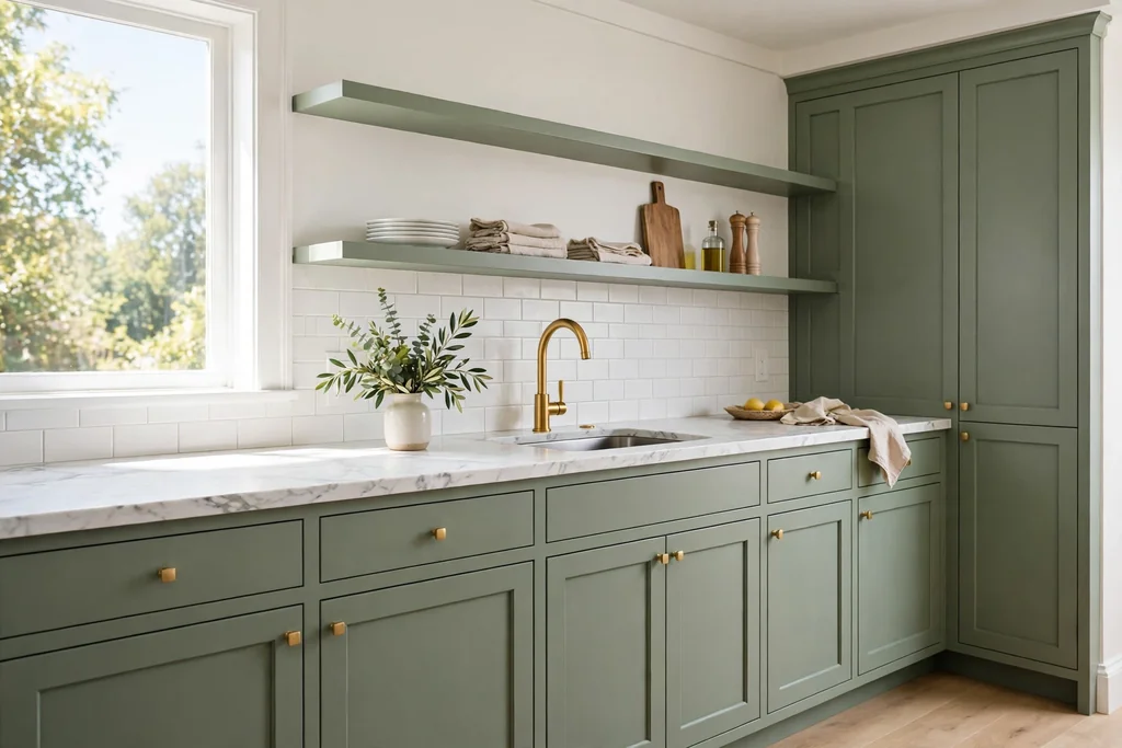 Sage green kitchen cabinets with white marble-look counters, a gold faucet, and a small vase of greenery.