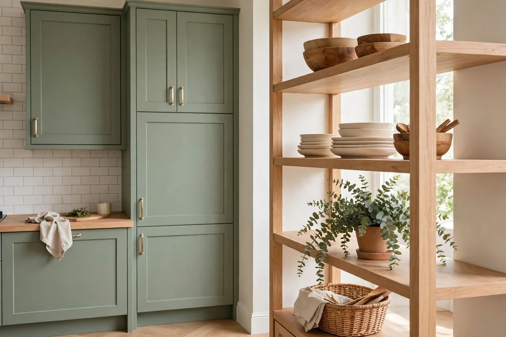 Sage green kitchen cabinets beside light oak open shelves holding wooden bowls, cream plates, and a plant.