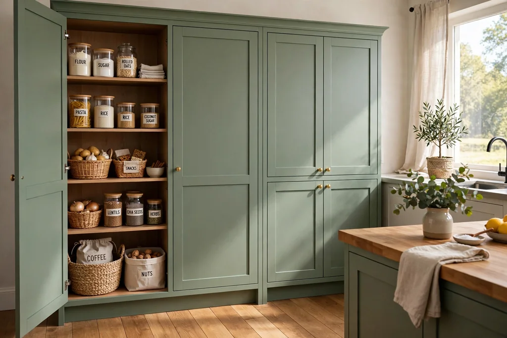 Tall sage green pantry cabinets in a kitchen, one door open showing organized jars and baskets.