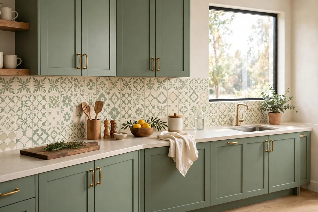 Sage green kitchen cabinets with a cream and soft green patterned tile backsplash and wooden counter accessories.