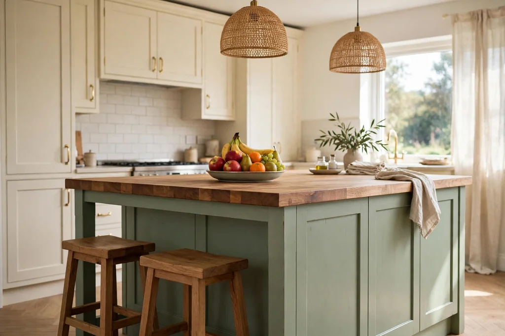 Kitchen island painted sage green with a butcher block wood top, wooden stools, and a bowl of fruit.