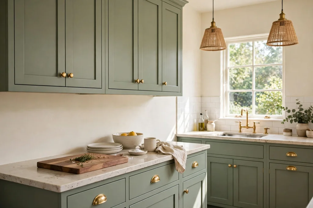 Kitchen with sage green shaker cabinets, brass knobs and pulls, cream walls, and ceramic dishes on the counter.