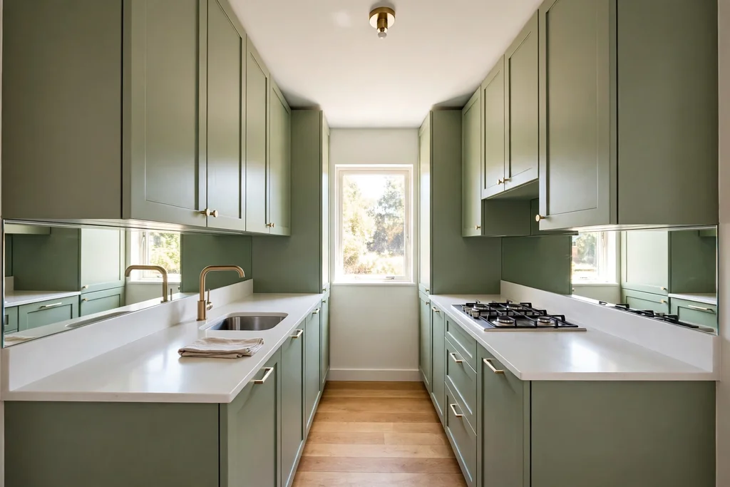 Small galley kitchen with sage green cabinets up to the ceiling, white counters, and a bright, uncluttered layout.