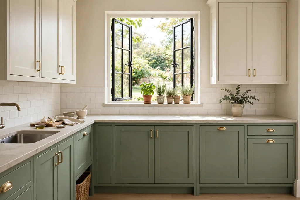 Kitchen with sage green lower cabinets and warm white upper cabinets, a light stone counter, and herbs on the windowsill.